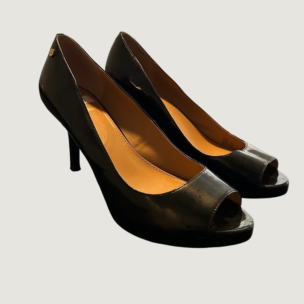 Calvin Klein Garda Black Patent Leather Peep Toe Pumps Heels Size 10M